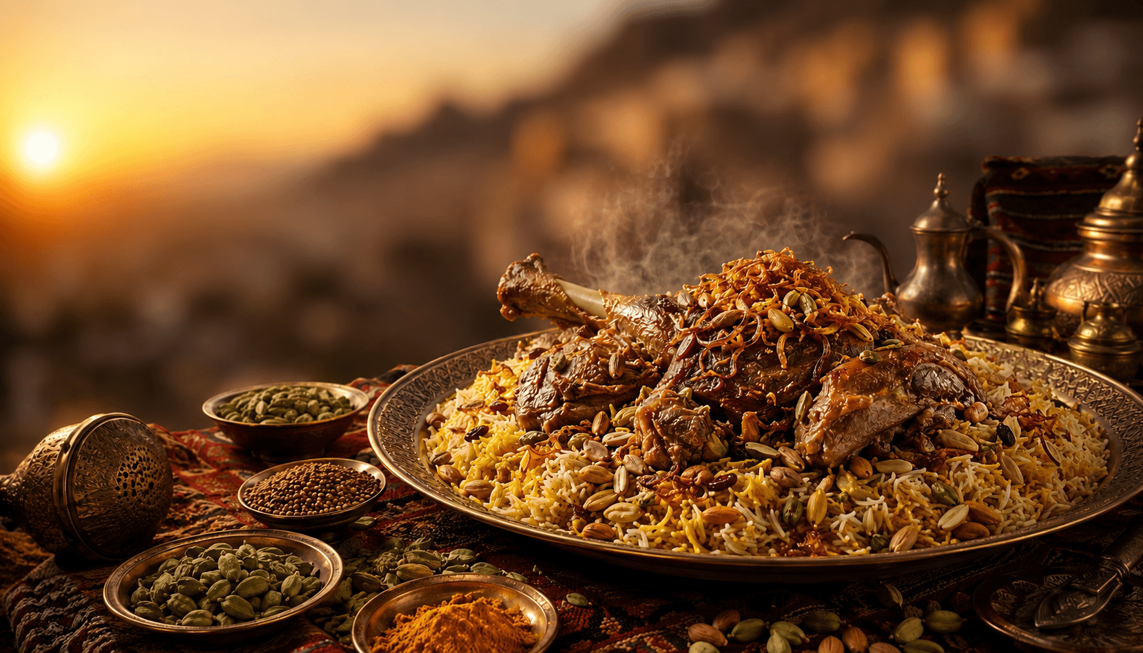 Traditional slow-cooked lamb Mandi platter at sunset in the mountains of Yemen